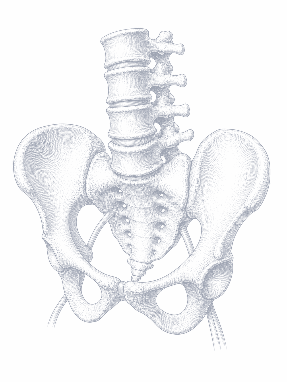 An anatomical drawing of the lumbosacral spine, the pelvis, and the sciatic nerve.