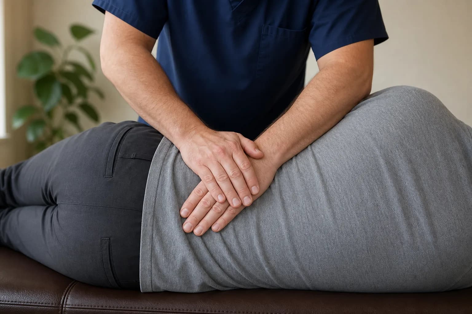 Hands applying gentle pressure to a patient's lower back during hands-on treatment.