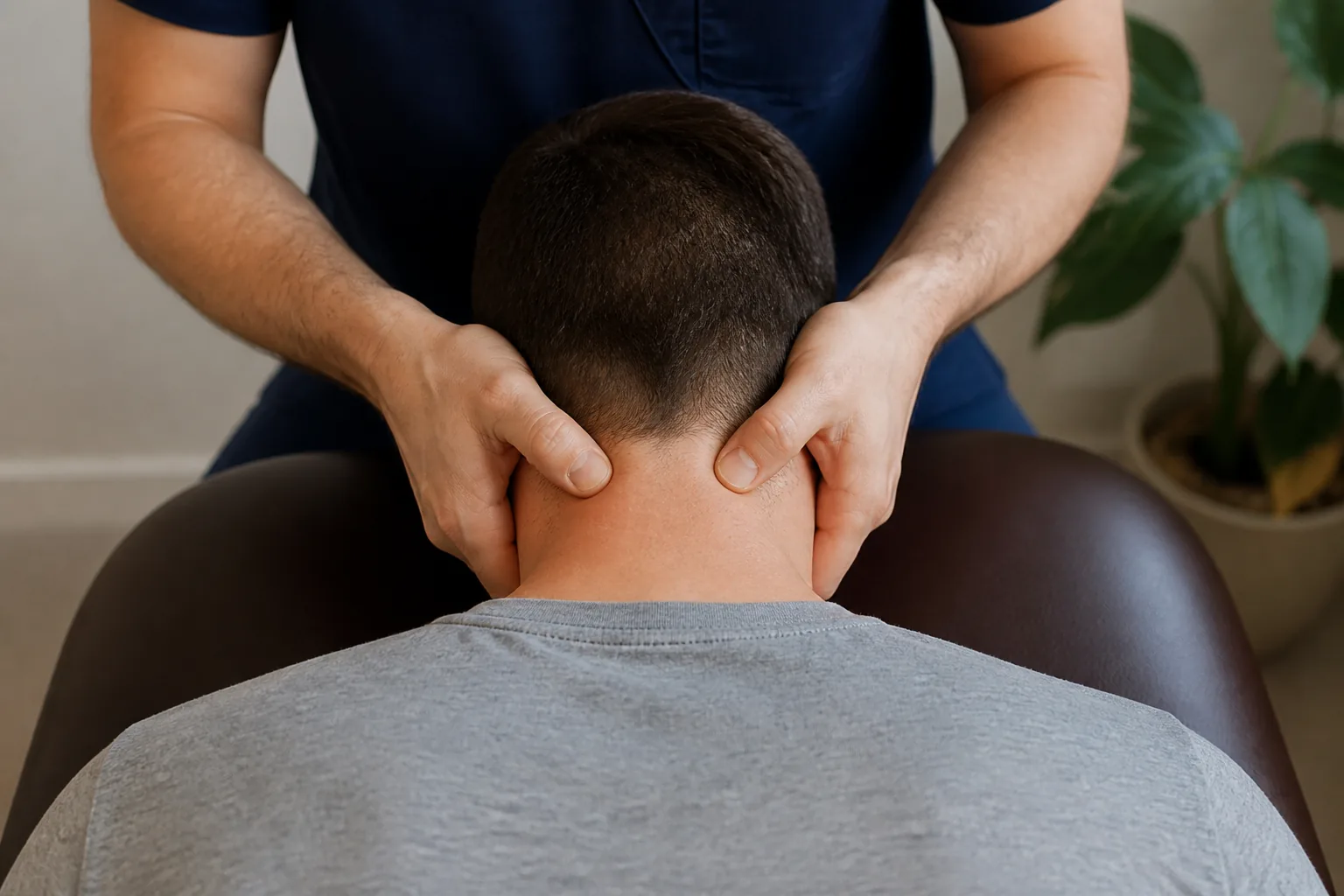 Hands resting on the back of a patient's neck and upper back during hands-on treatment.