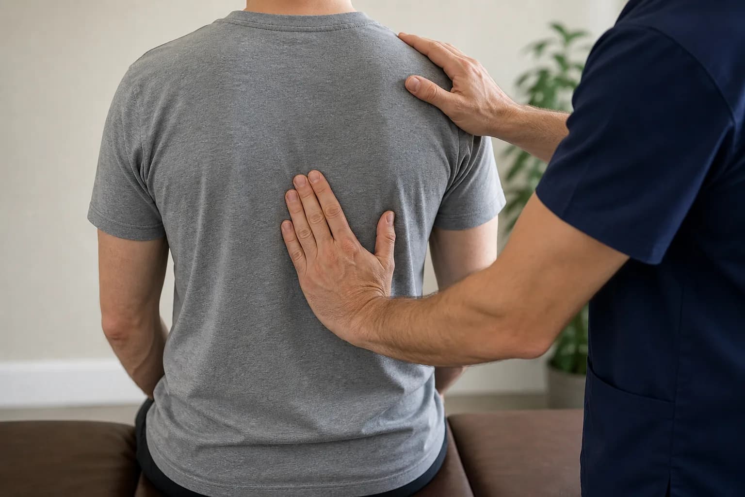 Hands resting on a seated patient's upper back and shoulder during a hands-on examination.