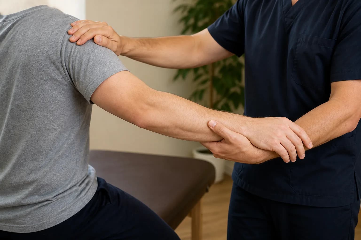 Hands supporting a patient's shoulder and upper arm during hands-on treatment.